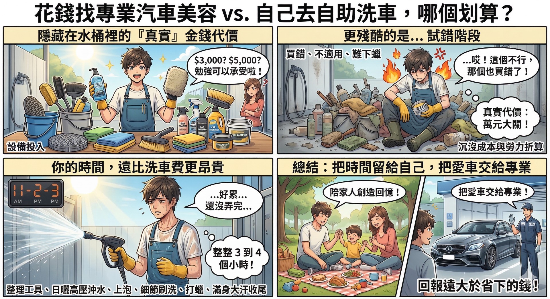 把時間留給自己，把愛車交給專業美容情境漫畫